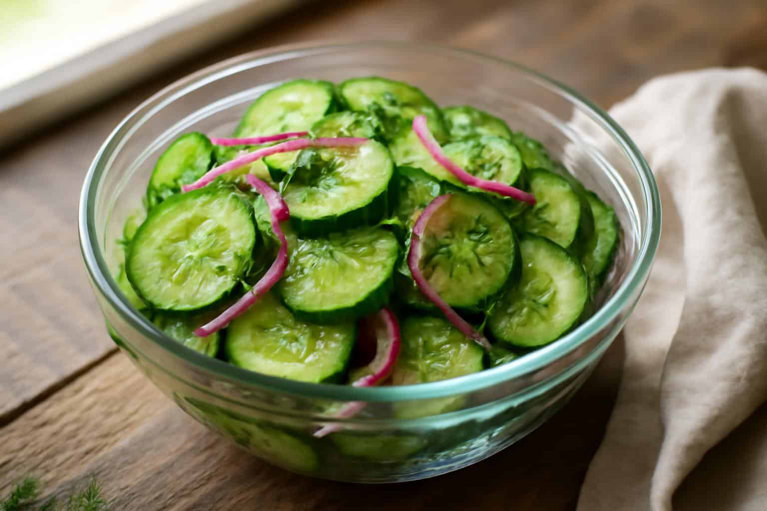 Marinated cucumber salad with sliced cucumbers, red onion, and fresh dill in a glass bowl