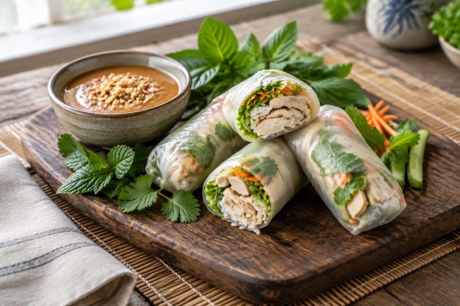 Fresh Vietnamese summer rolls with chicken served with peanut dipping sauce