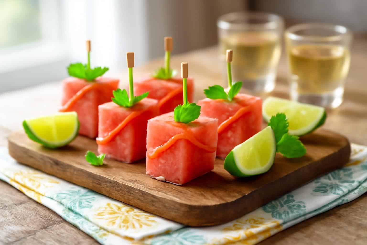 Watermelon tequila twirl bites appetizer with fresh mint and lime garnish on wooden board