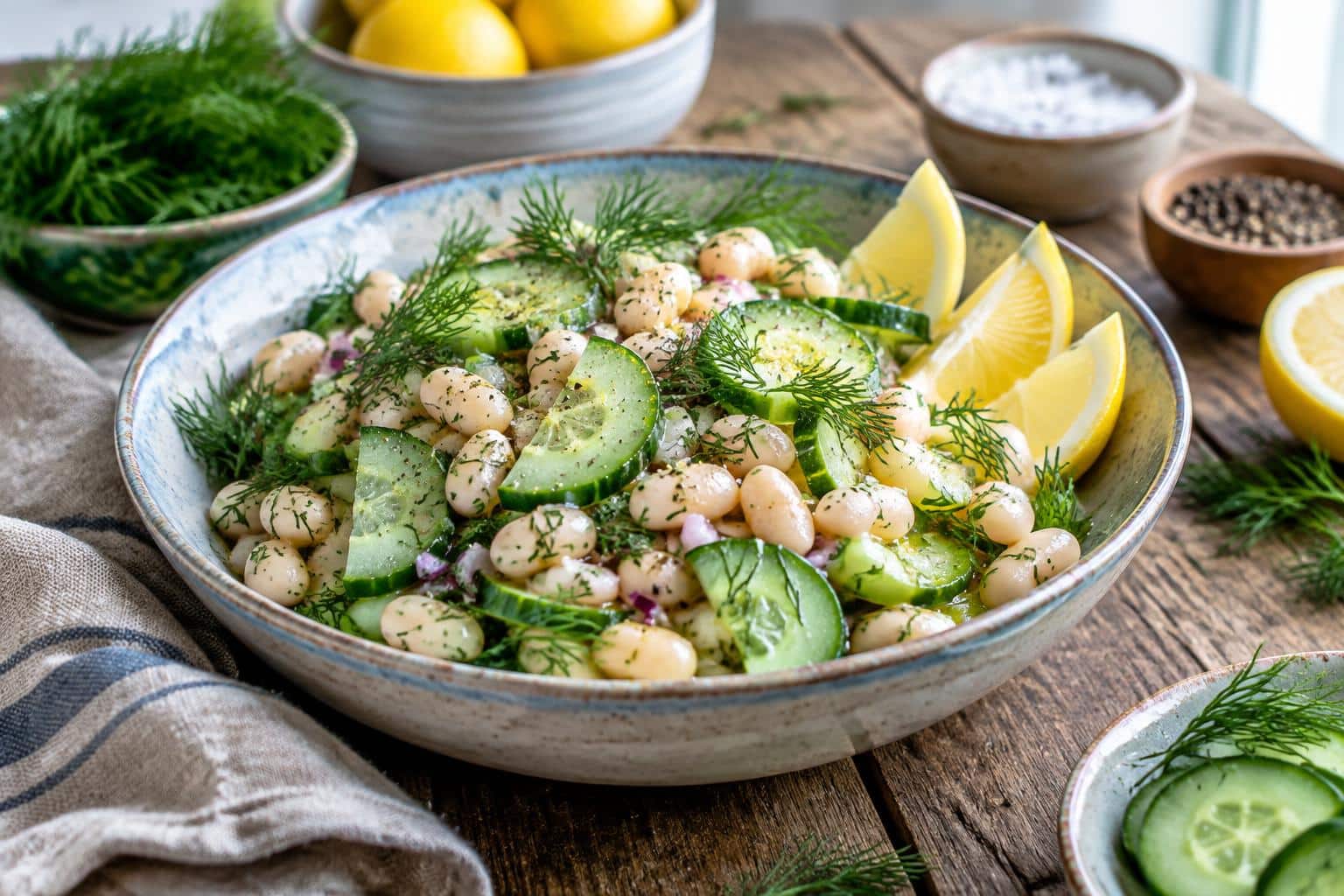 white bean dill salad with cucumbers and fresh dill on rustic surface
