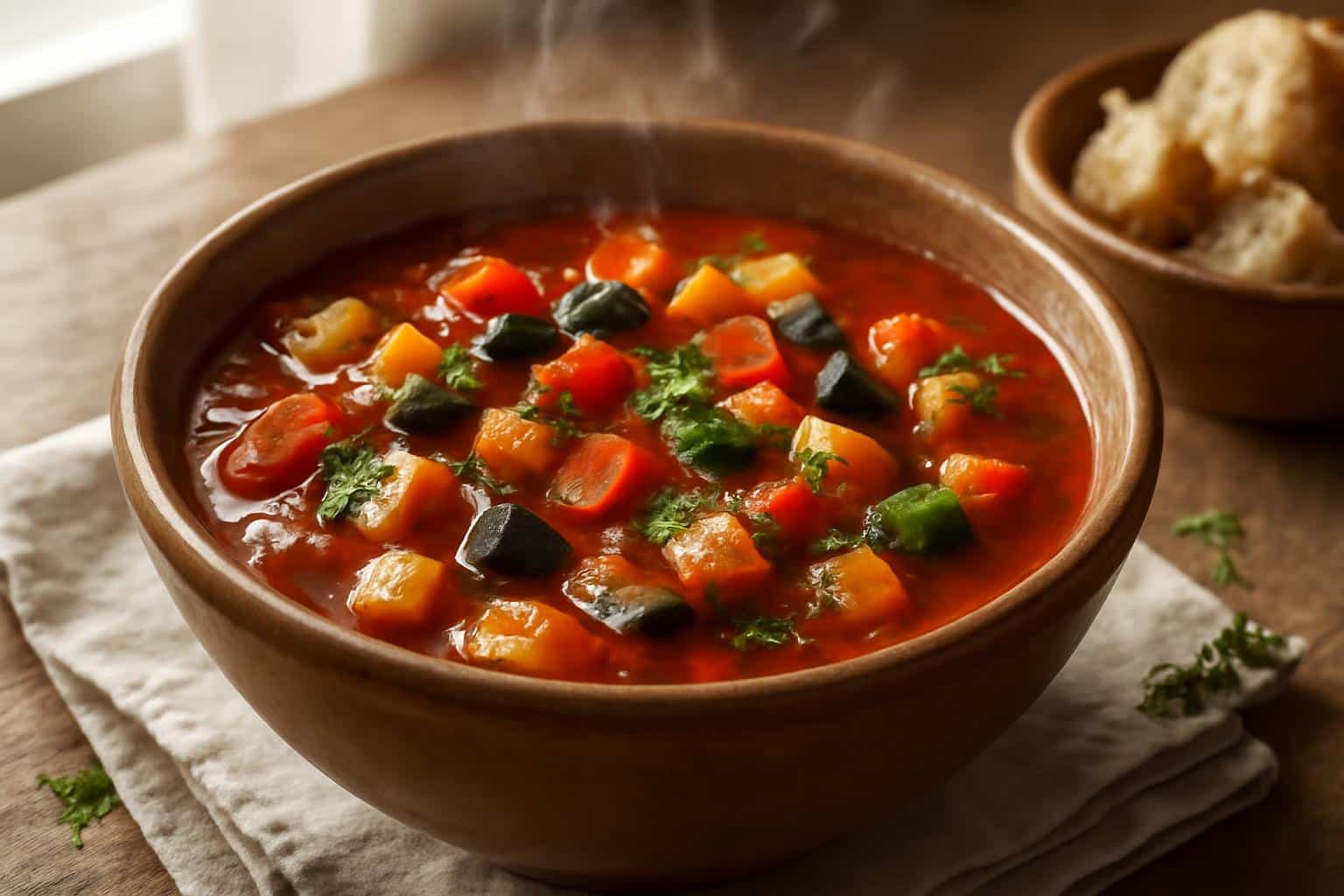 Steaming bowl of ratatouille soup with fresh herbs and diced vegetables, a perfect ratatouille soup dish