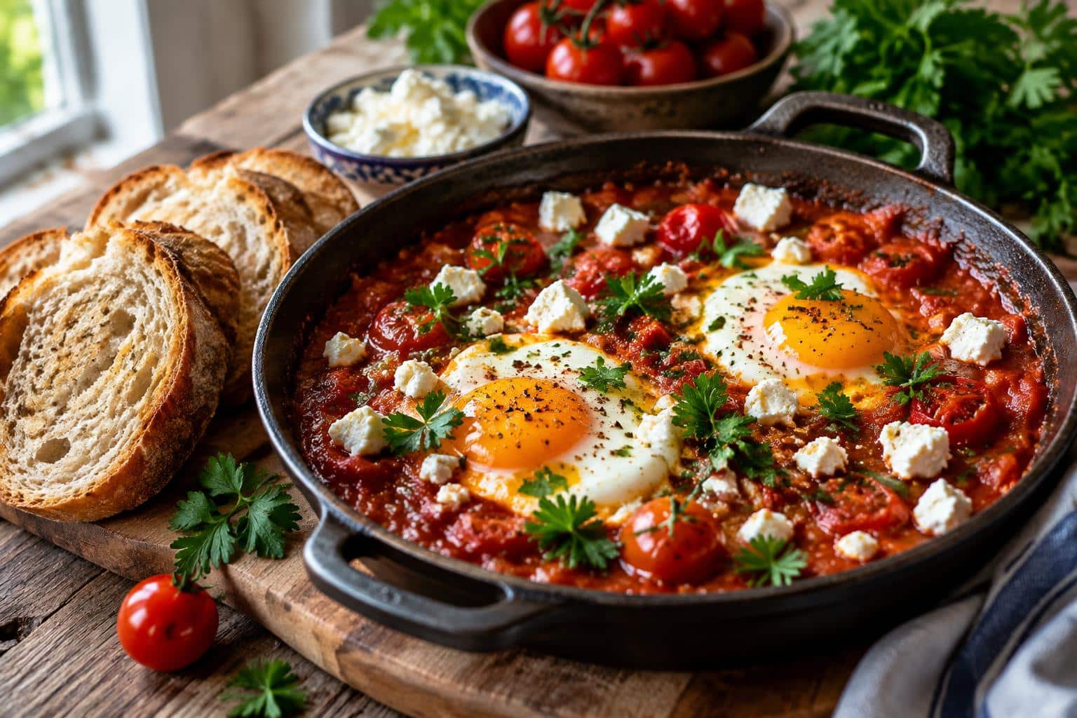 Mediterranean breakfast shakshuka with poached eggs, cherry tomatoes, herbs, and crusty bread in natural light