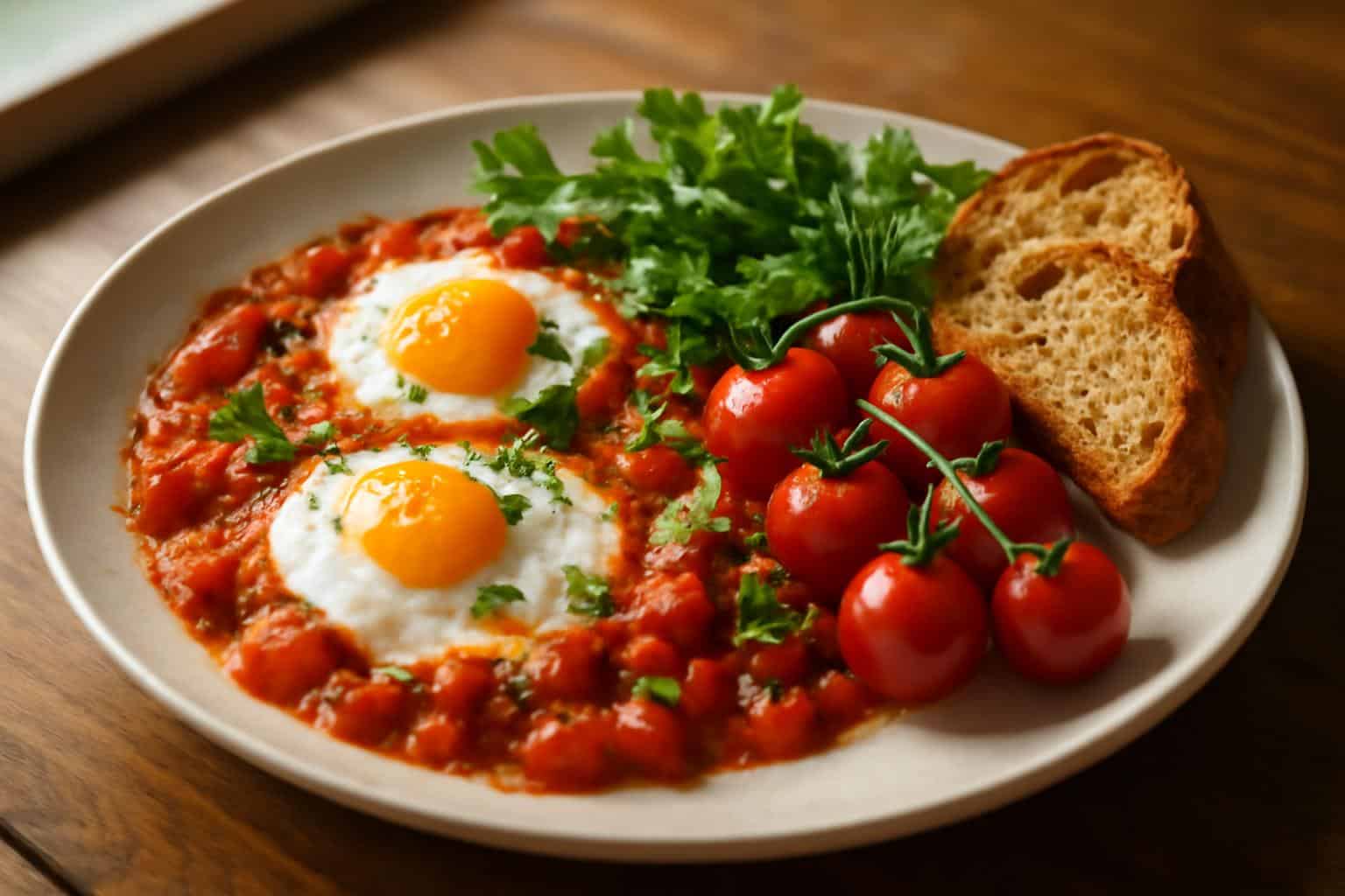 Colorful Mediterranean breakfasts with shakshuka, fresh herbs, and rustic bread plated and ready to eat