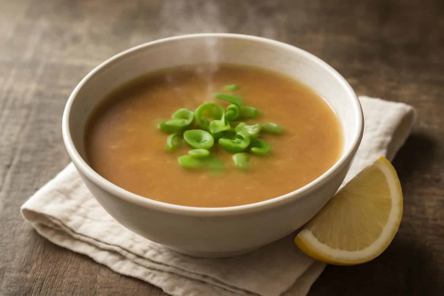 Bowl of revitalizing miso ginger broth garnished with scallions and lemon wedge