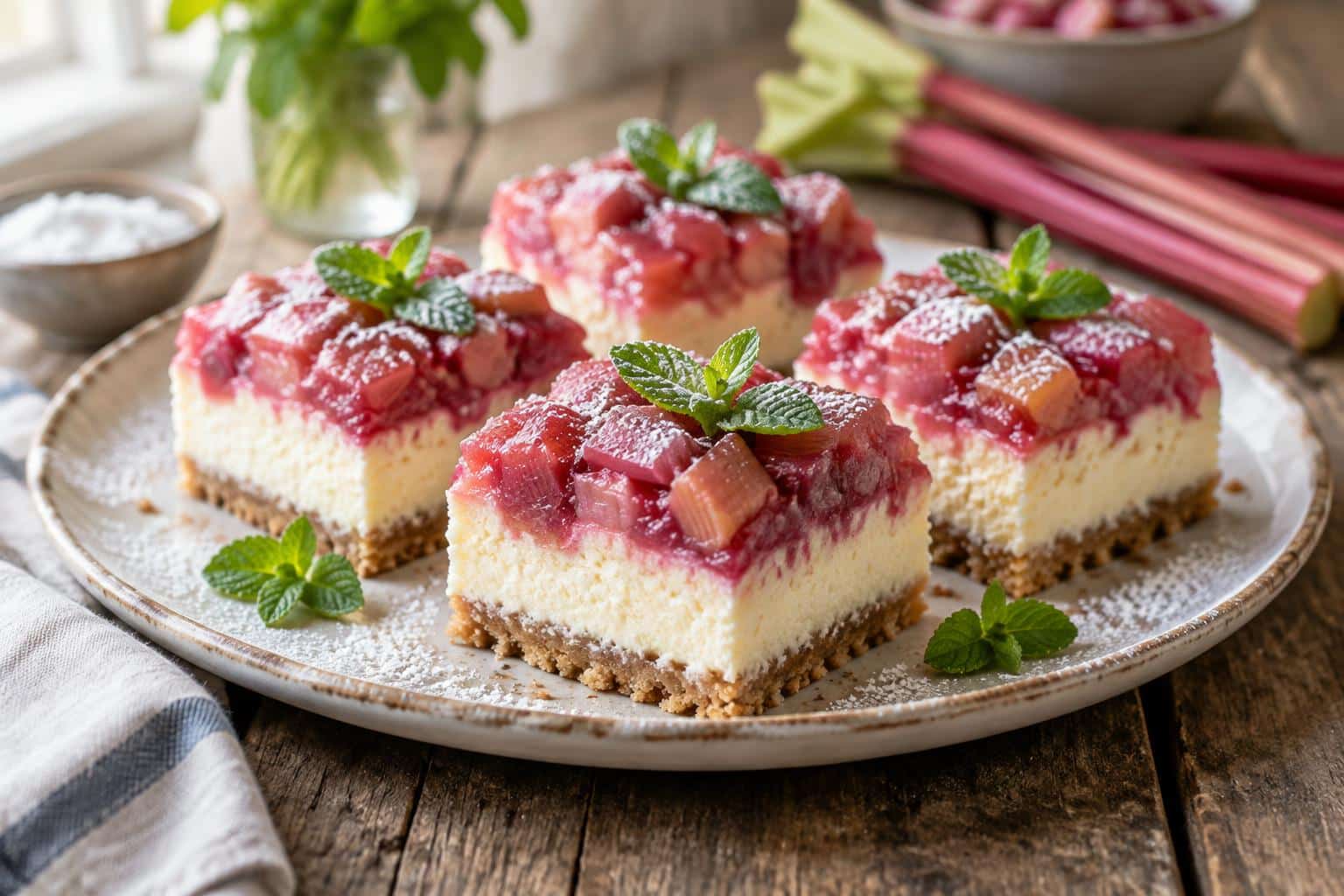 Close-up of rhubarb cheesecake squares with creamy filling and pink rhubarb topping