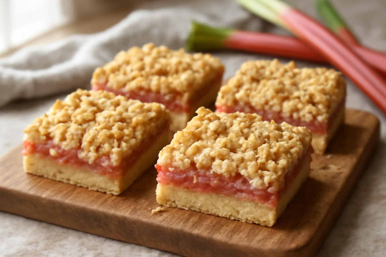 Rhubarb shortbread bars with crumbly streusel topping on rustic wooden board