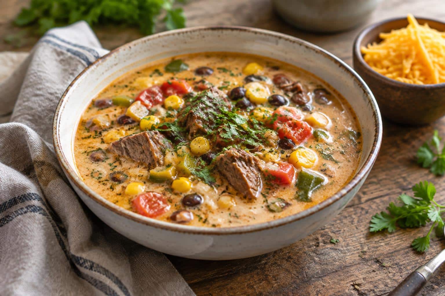 Bowl of creamy cowboy soup with tender beef and vegetables, rich and hearty cowboy soup