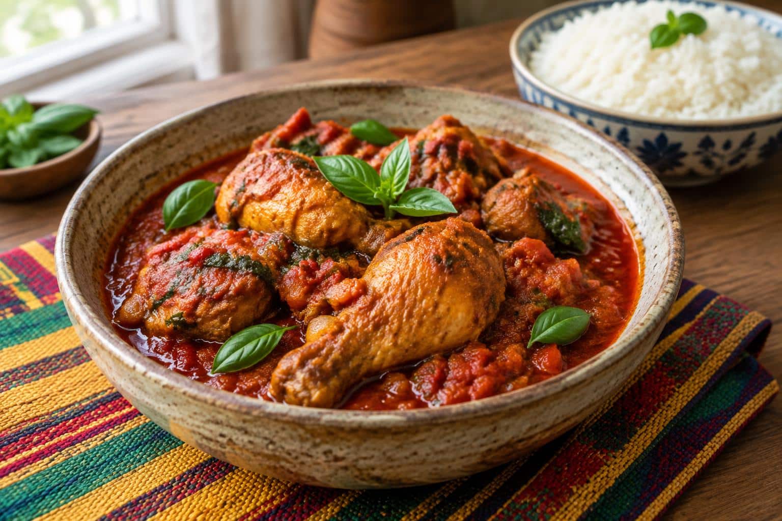 Nigerian chicken stew rich spicy served in rustic bowl garnished with fresh basil