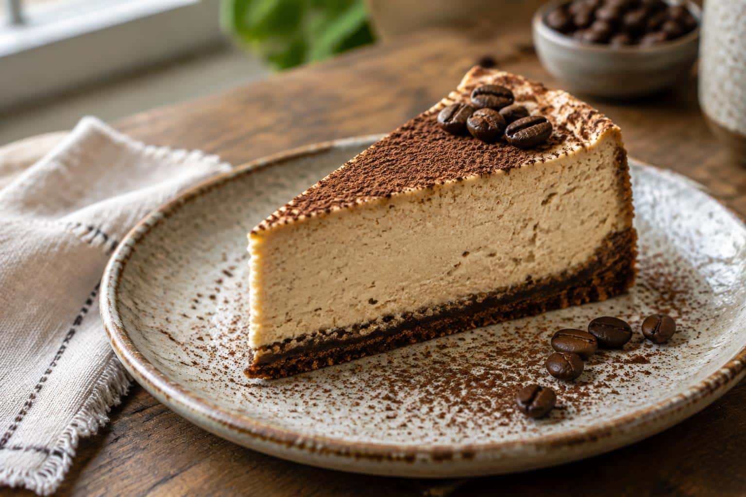A slice of rich coffee cheesecake garnished with cocoa powder and coffee beans on a rustic plate