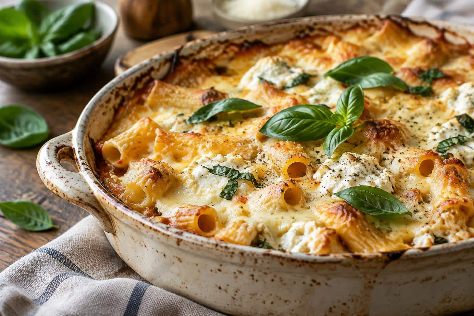 Golden baked ricotta pasta bake with melted cheese and fresh basil garnish