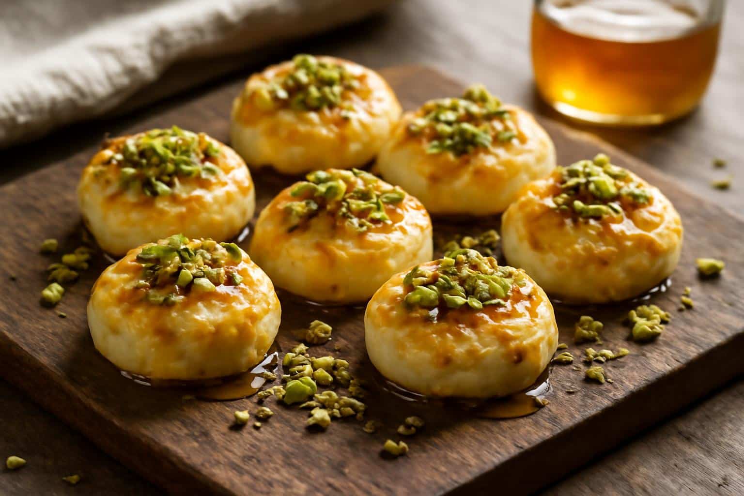 Golden baked ricotta pistachio honey bites drizzled with honey and sprinkled with crushed pistachios