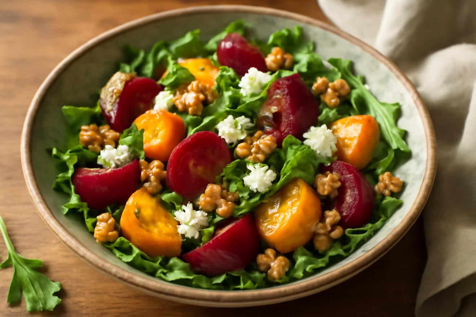 Roasted beet salad with arugula, goat cheese, and walnuts on a rustic bowl, showcasing roasted beet salad