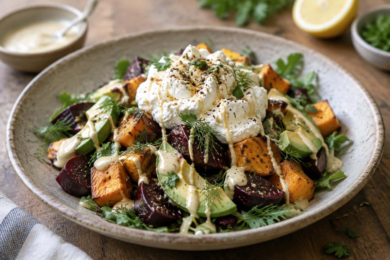 Roasted beet salad with sweet potato, avocado, whipped ricotta and lemon-tahini drizzle