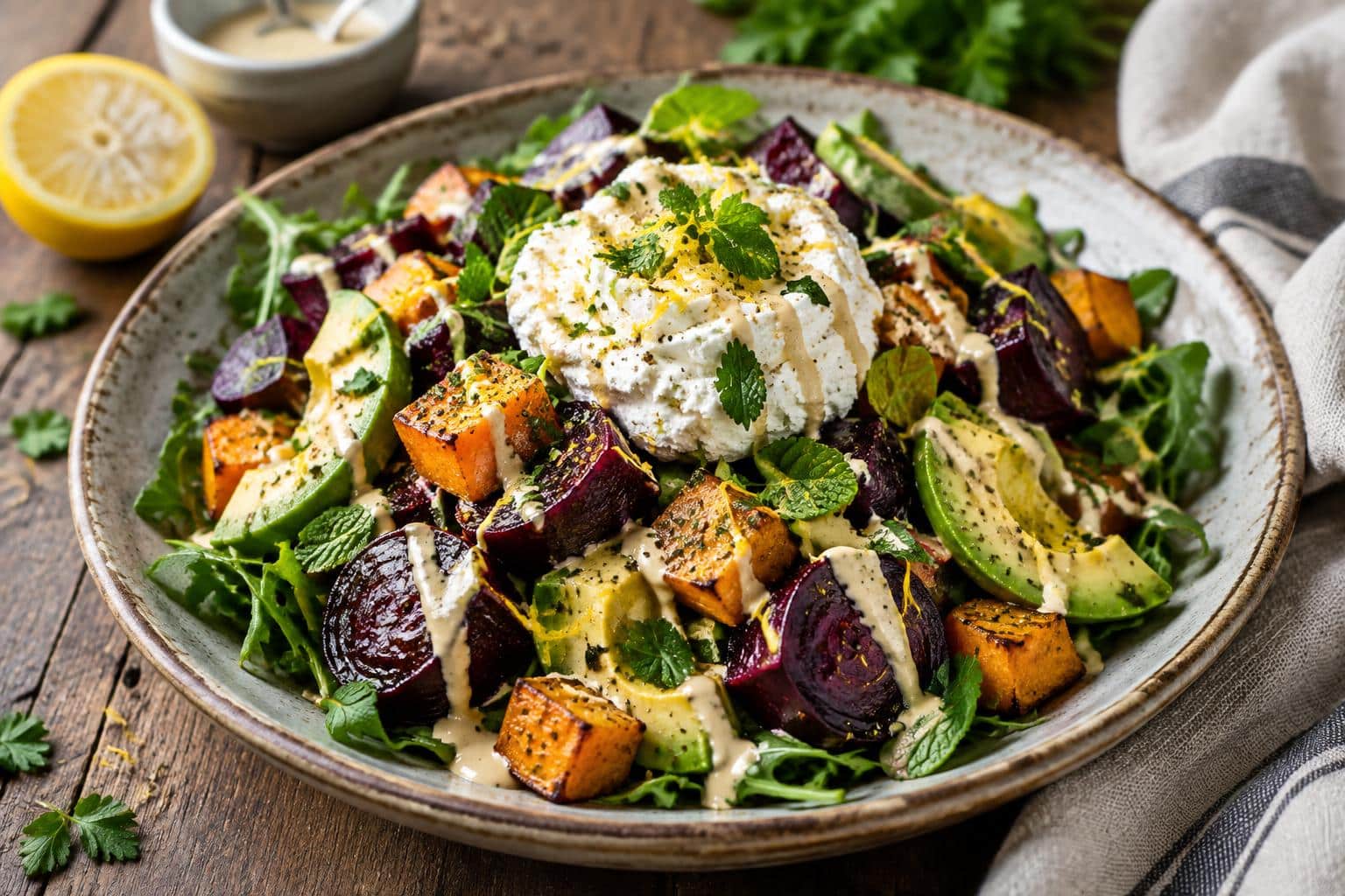 Roasted beet salad with sweet potato, avocado, whipped ricotta, and lemon-tahini drizzle