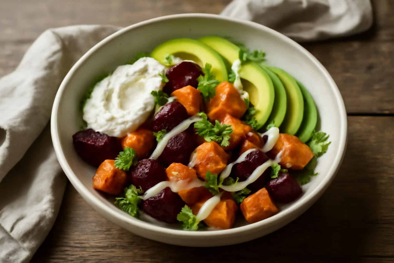 Roasted beet sweet potato avocado salad with whipped ricotta and lemon-tahini drizzle on rustic bowl