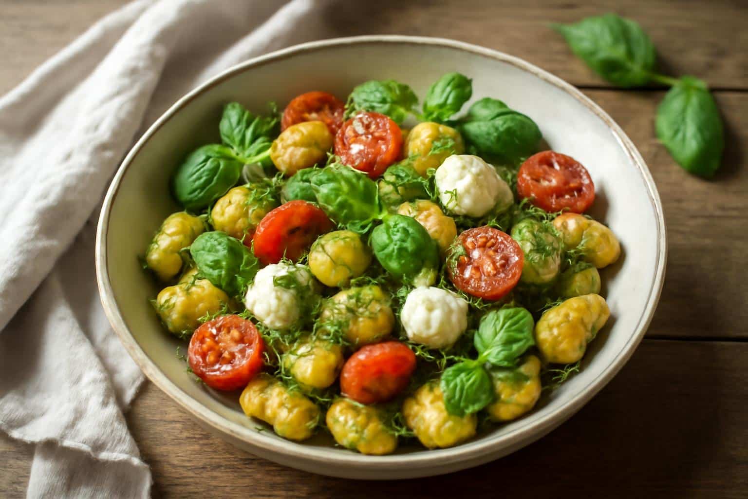 Roasted gnocchi salad with pesto and mozzarella in a bowl garnished with fresh basil