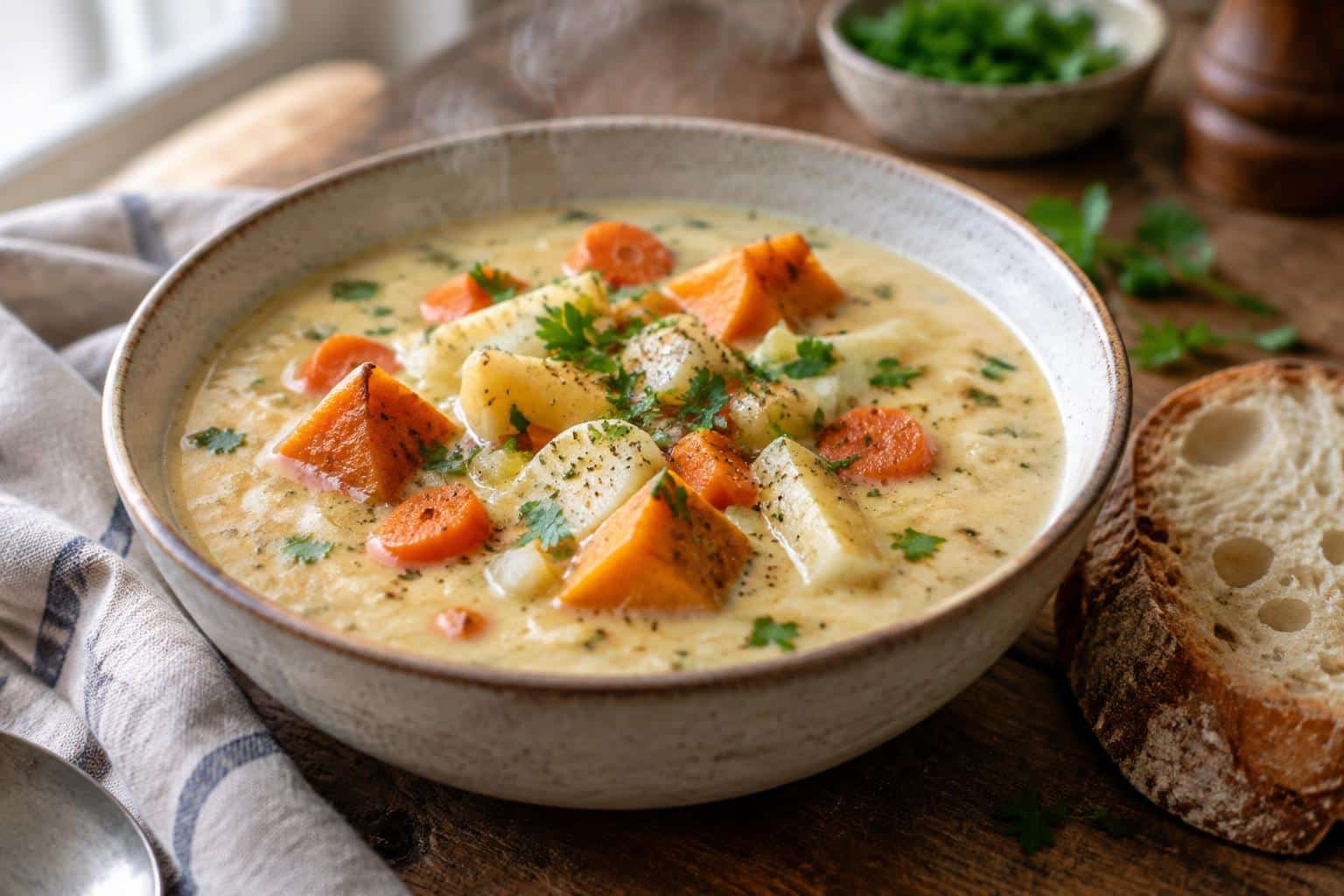 Creamy roasted root vegetable chowder in a bowl garnished with parsley