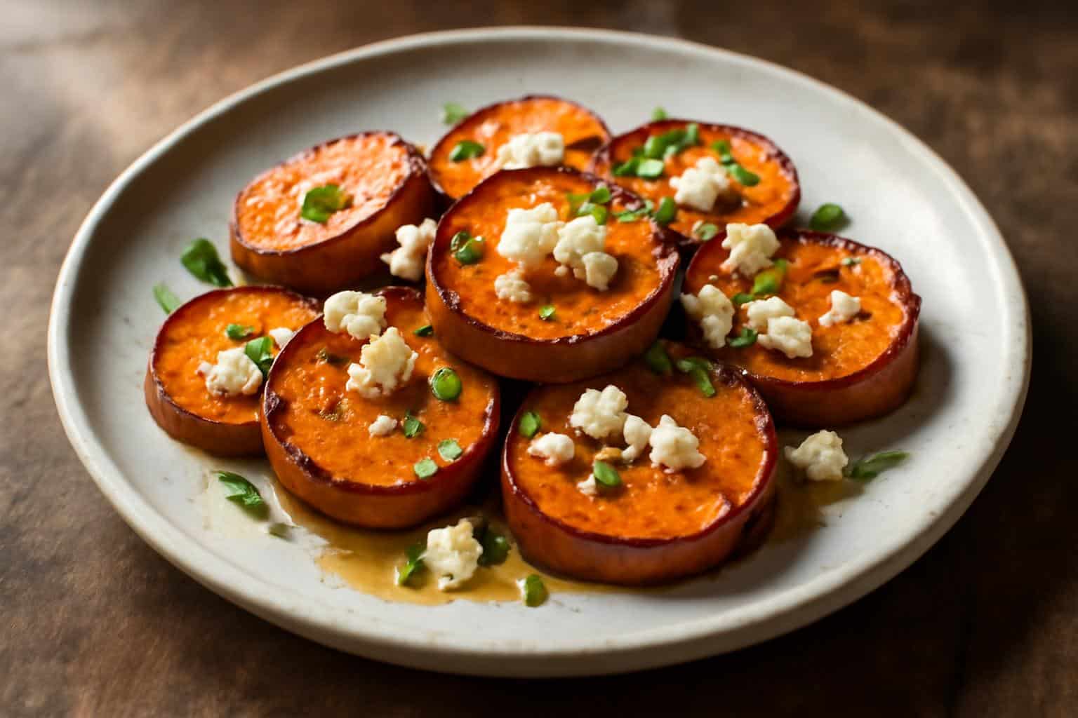 plate of roasted sweet potato rounds with honey and feta cheese garnish