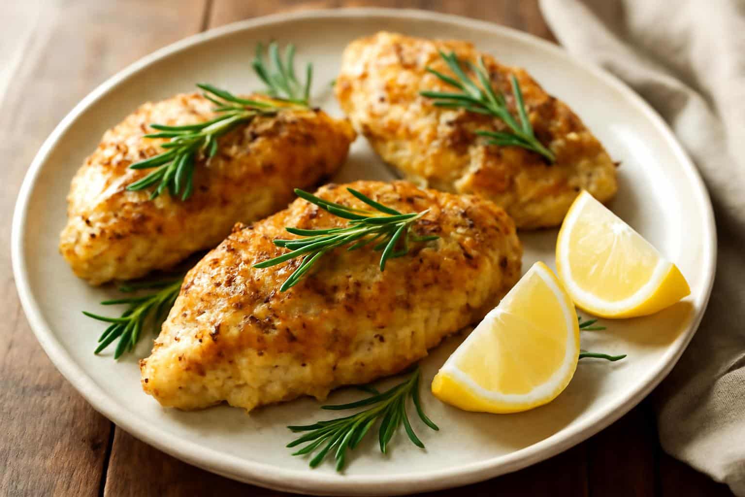 Rosemary-infused baked dijon chicken served on a plate with fresh rosemary garnish
