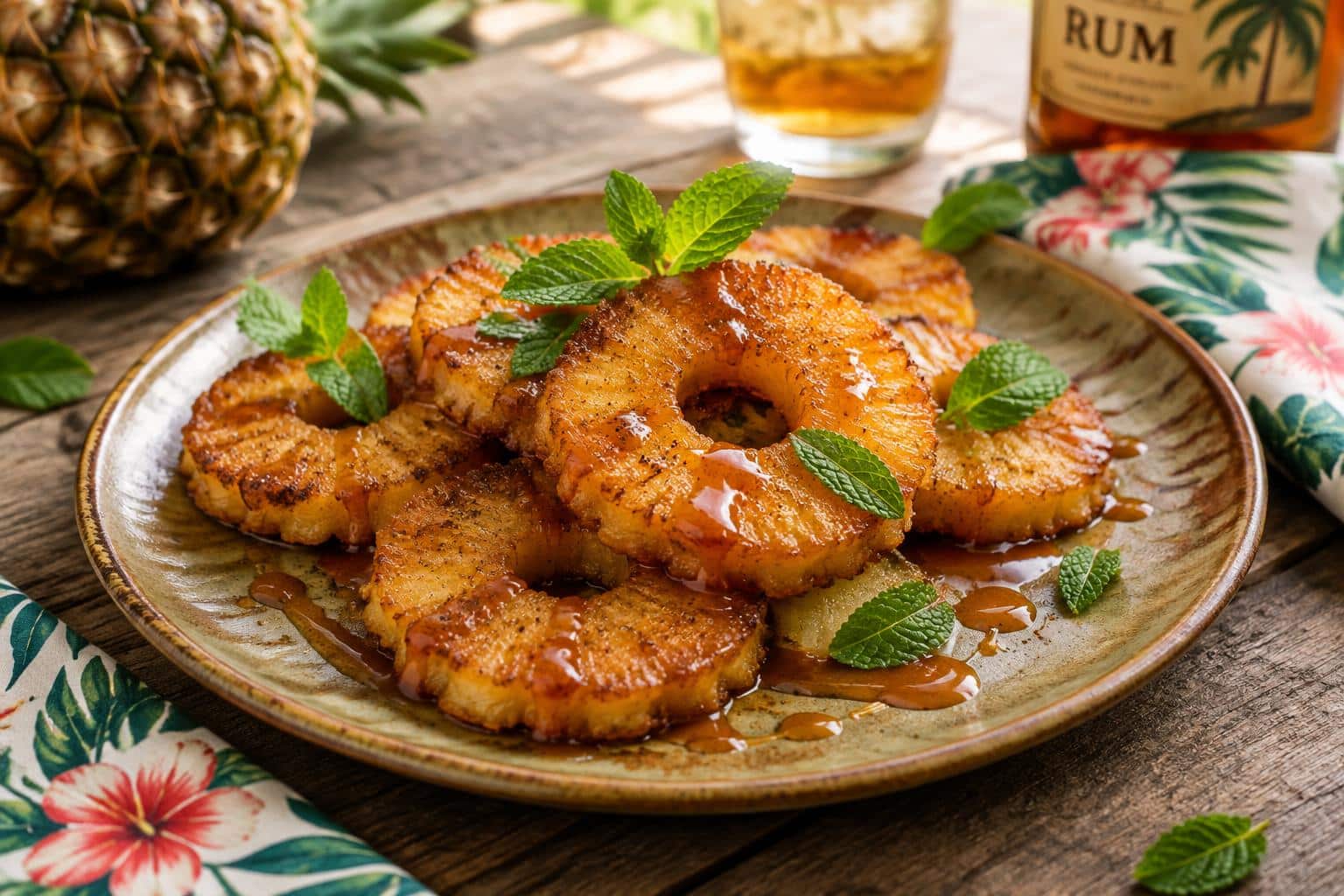 rum-soaked fried pineapple served as easy party appetizers with mint garnish