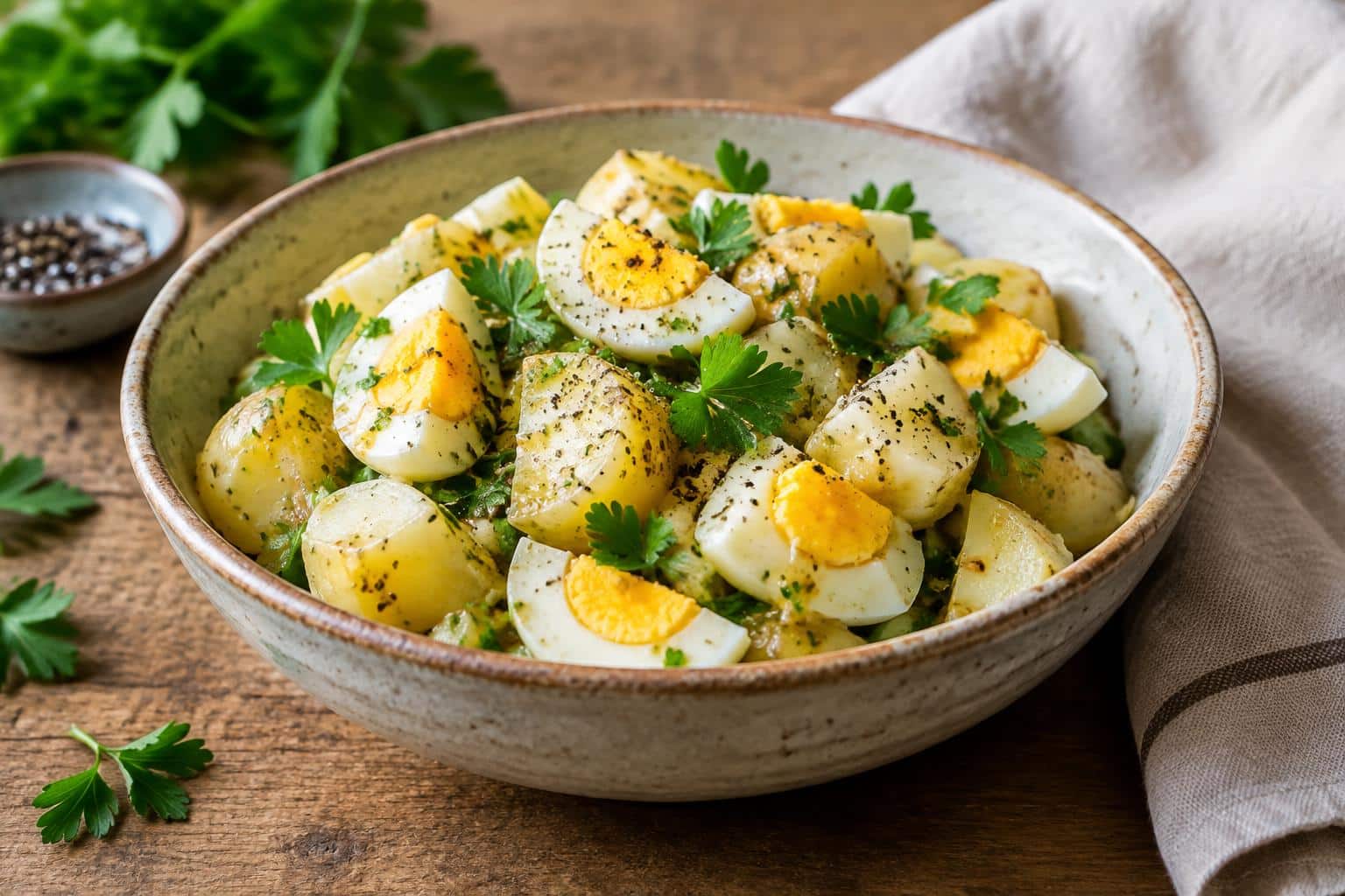 Salade de pommes de terre aux œufs et vinaigrette with fresh parsley garnish and vinaigrette dressing