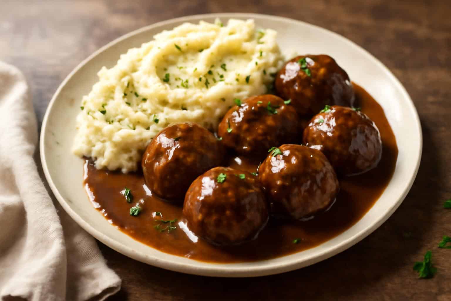 Salisbury steak meatballs with garlic herb mashed potatoes on a rustic plate