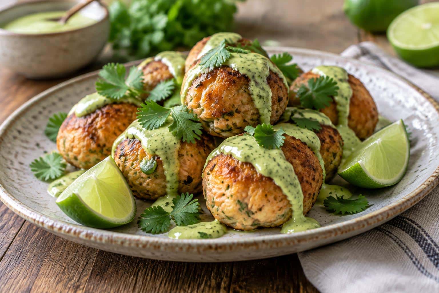 Crispy golden salmon balls with creamy avocado sauce and fresh cilantro garnish