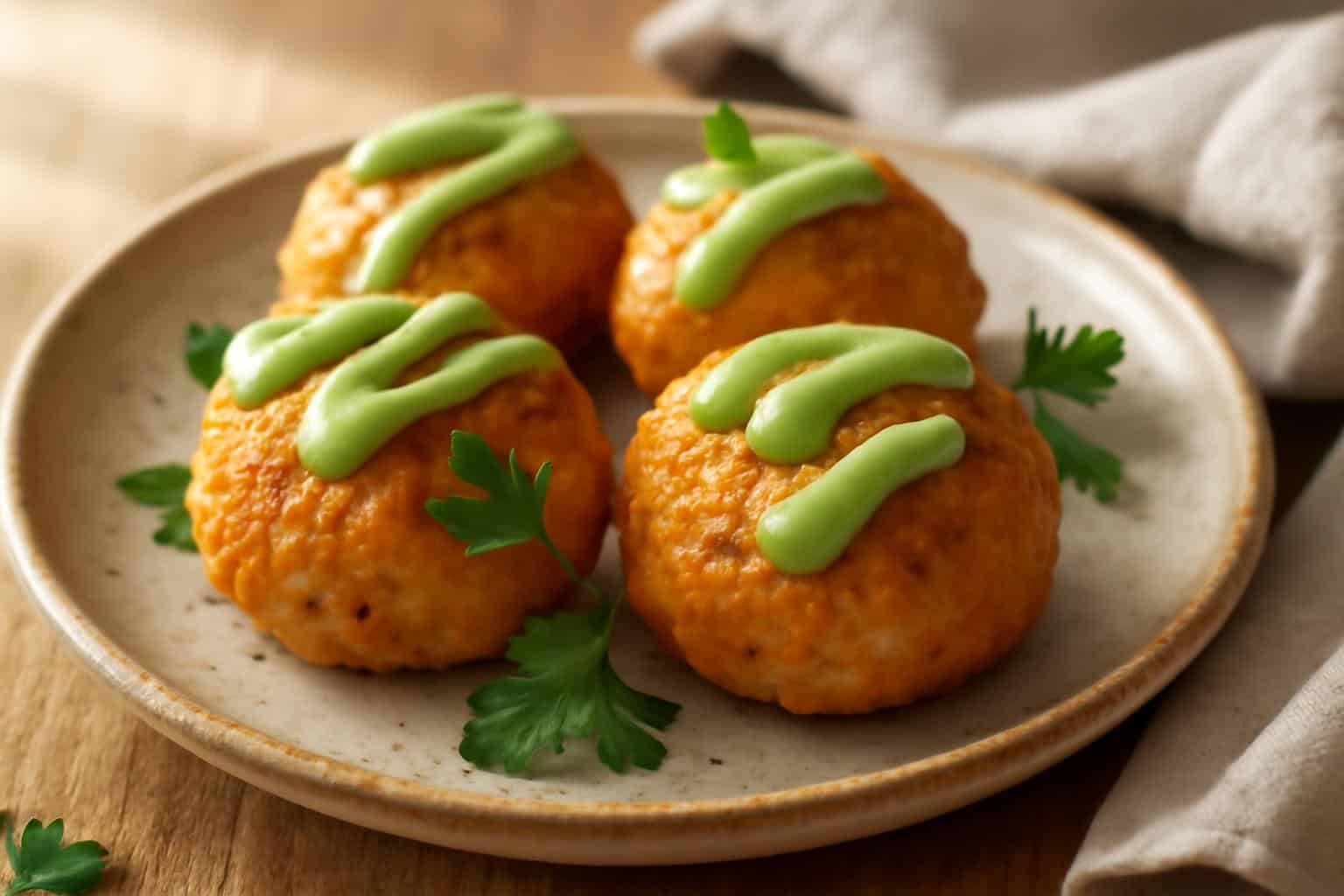 Golden fried salmon balls with creamy avocado sauce garnished with fresh herbs
