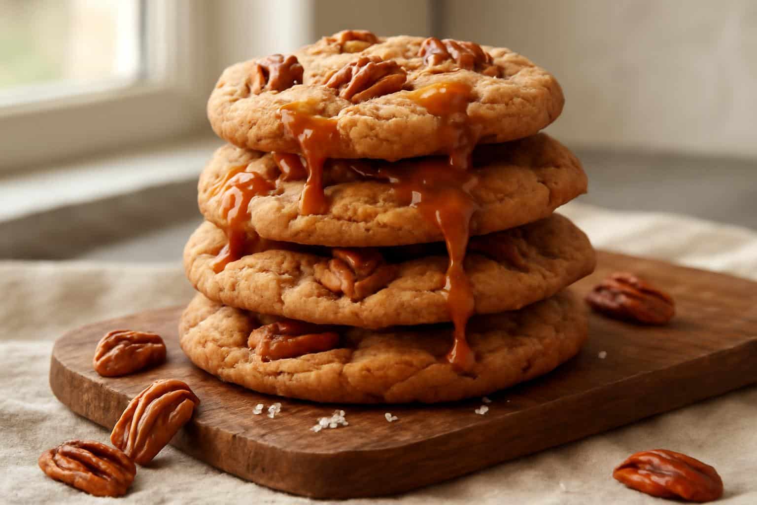 Freshly baked salted caramel pecan cookies with gooey caramel and pecan pieces