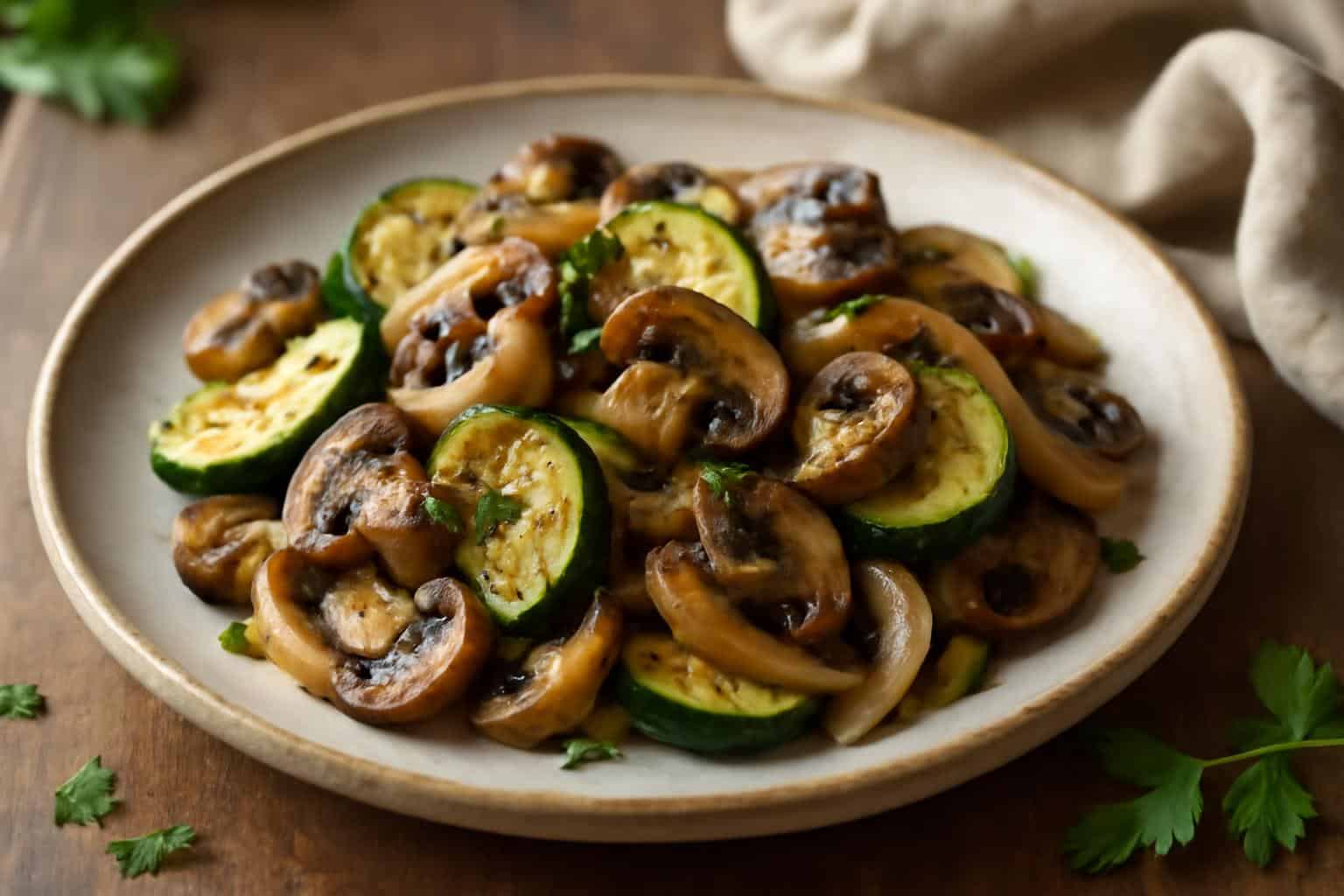Close-up of sautéed zucchini mushrooms and onions garnished with herbs on a rustic plate