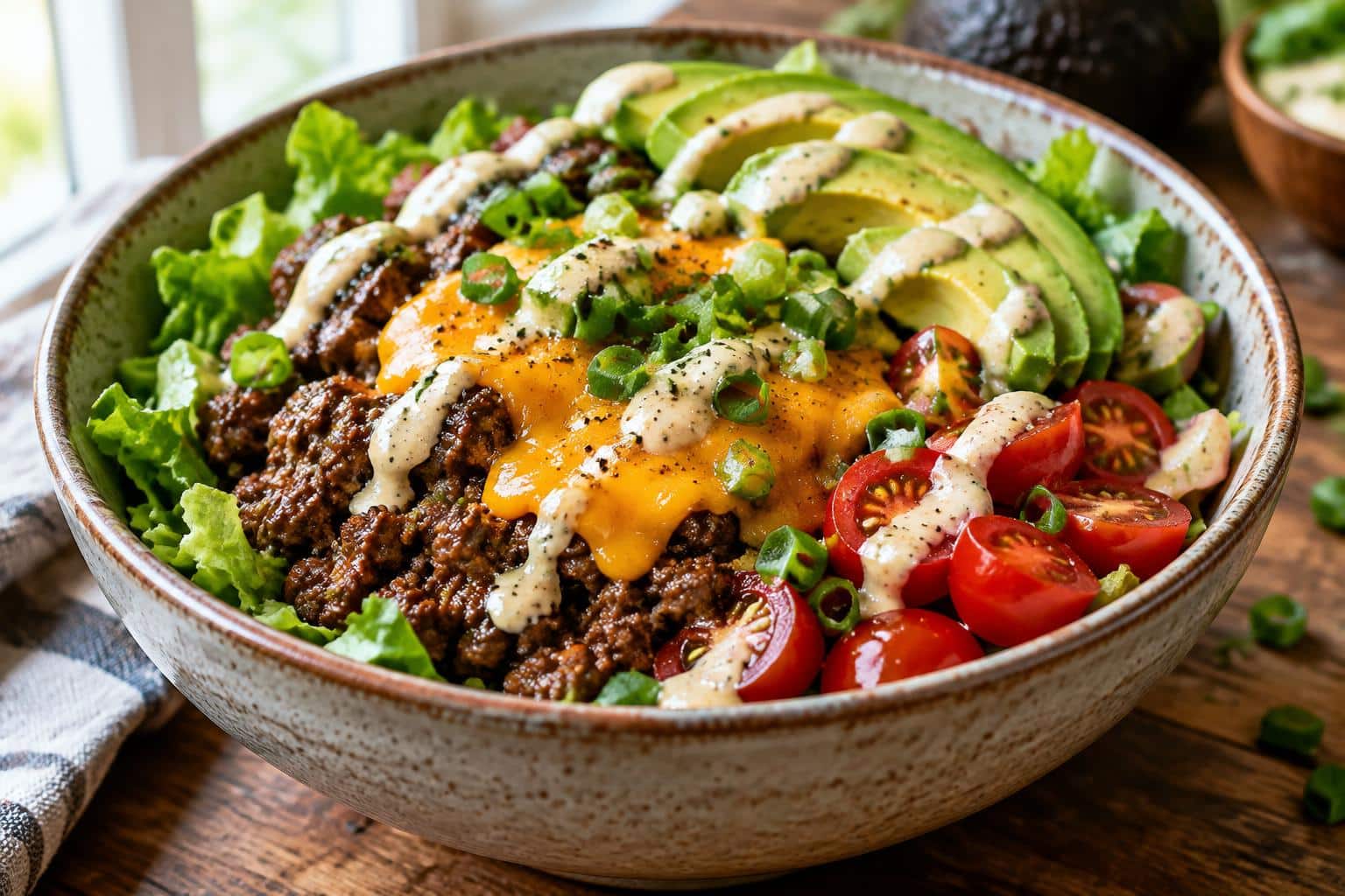 Deconstructed burger bowls with seasoned beef, cheese, avocado, and fresh vegetables