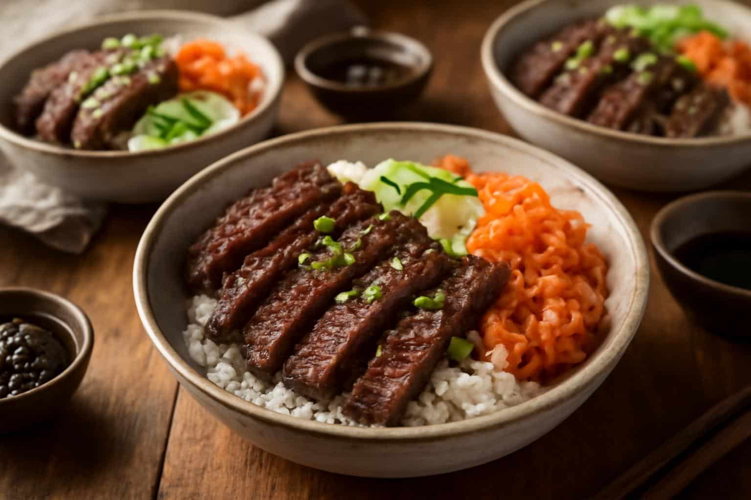 Close-up of Korean BBQ steak bowls with marinated steak, rice, and fresh vegetables