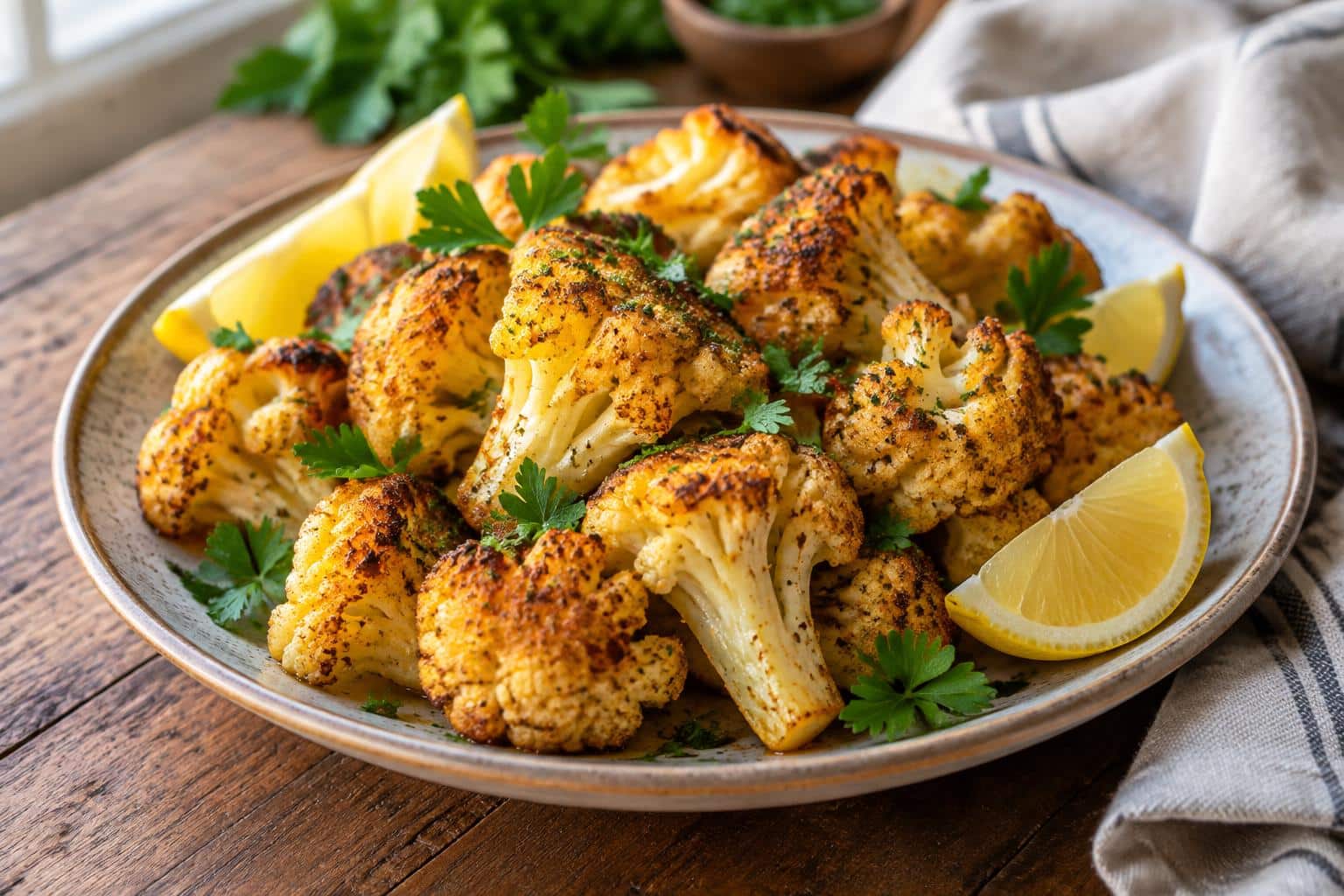 Plate of roasted cauliflower florets garnished with fresh parsley and lemon wedges, showcasing tasty cauliflower dishes
