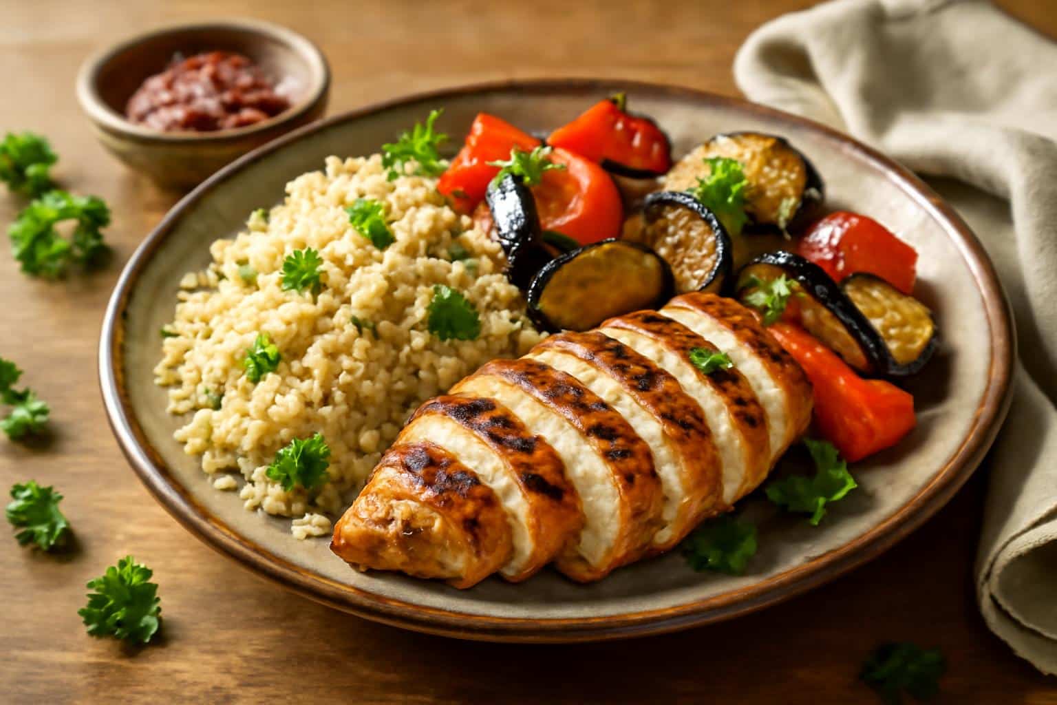 Mediterranean meal prep plate with grilled chicken, roasted vegetables, and couscous in natural light