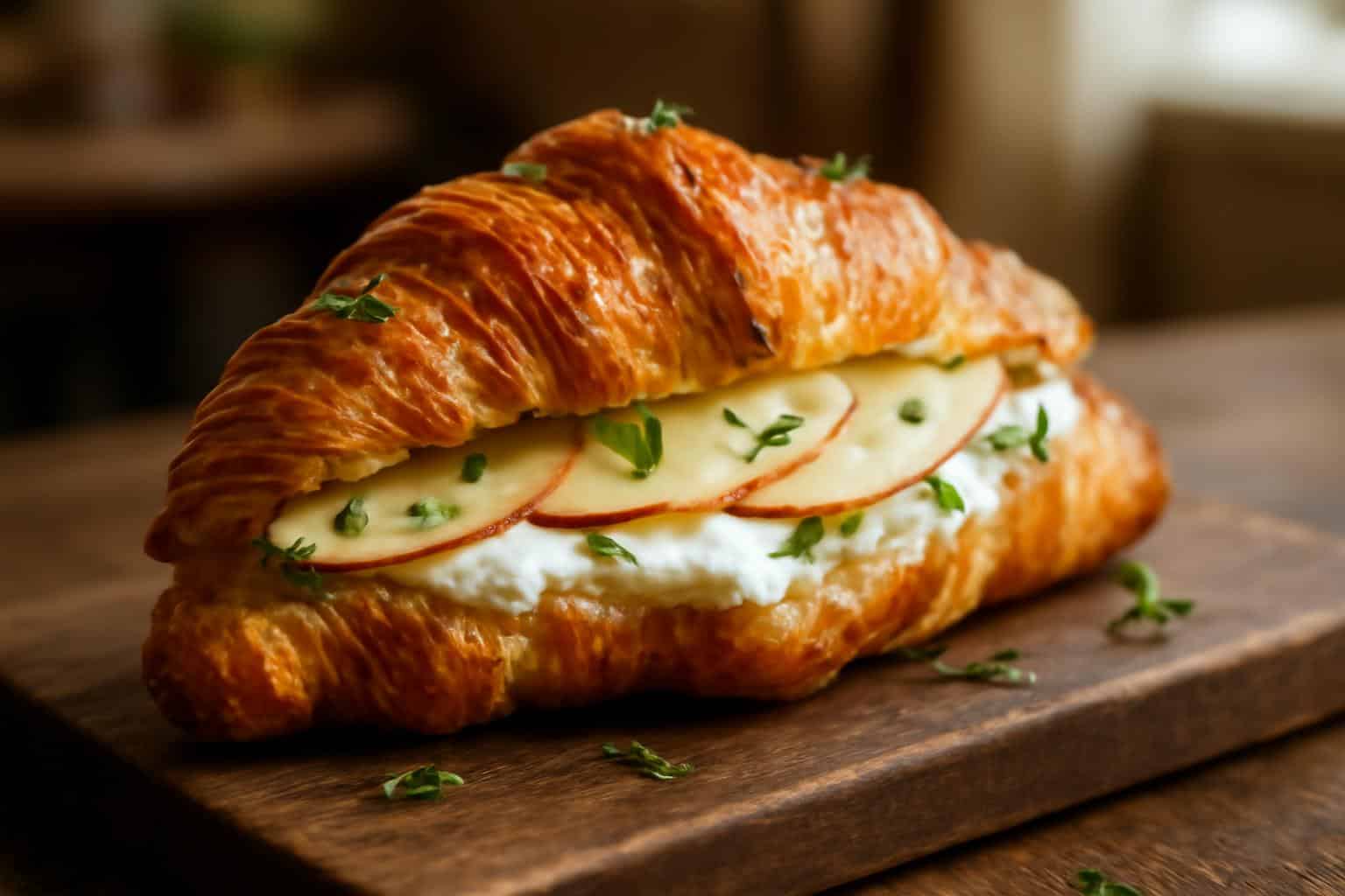 Savory apple croissant with goat cheese on rustic board garnished with thyme and apple slices