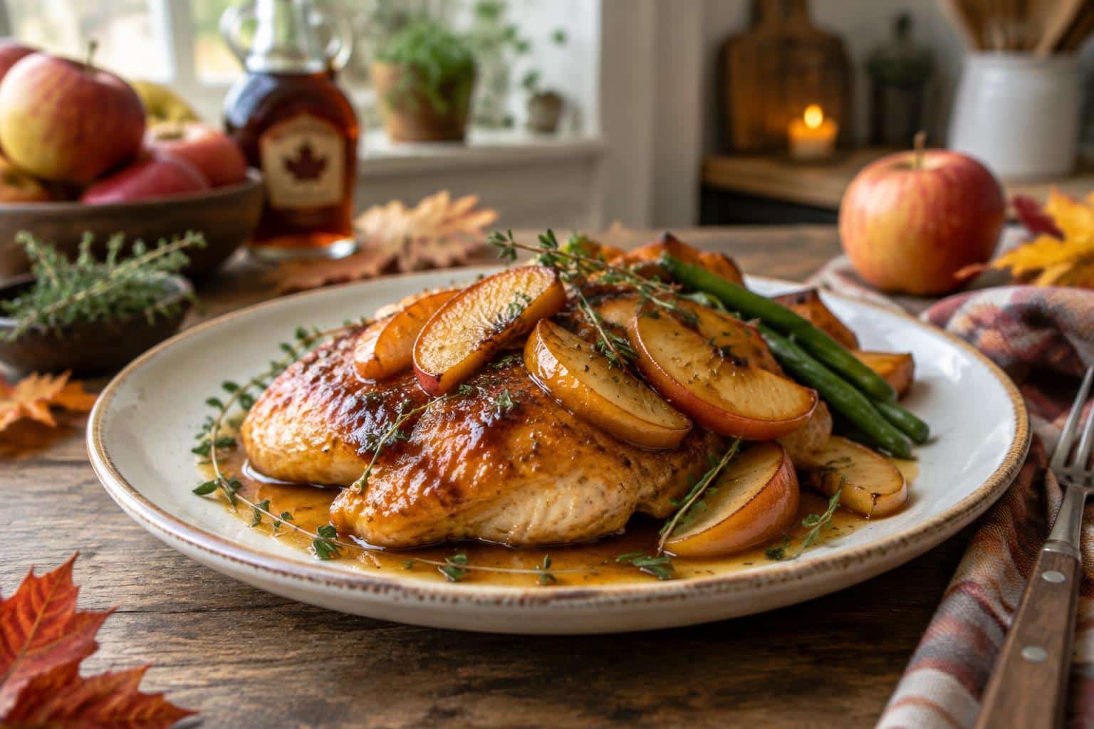 Savory apple maple chicken plated with caramelized apples and thyme garnish, showcasing savory apple maple chicken
