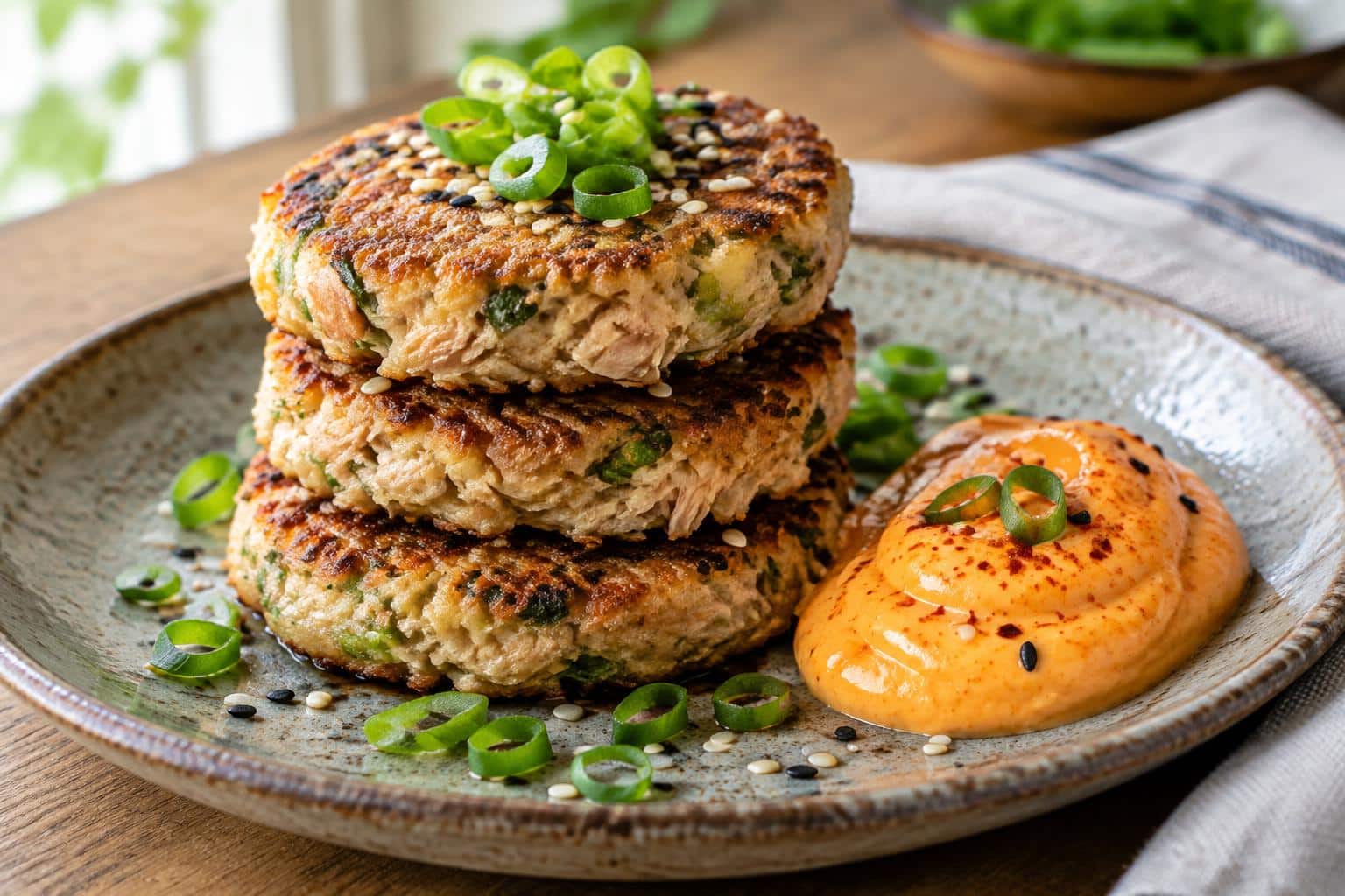 Golden Asian tuna cakes with zesty spicy mayo and green onion garnish on rustic plate