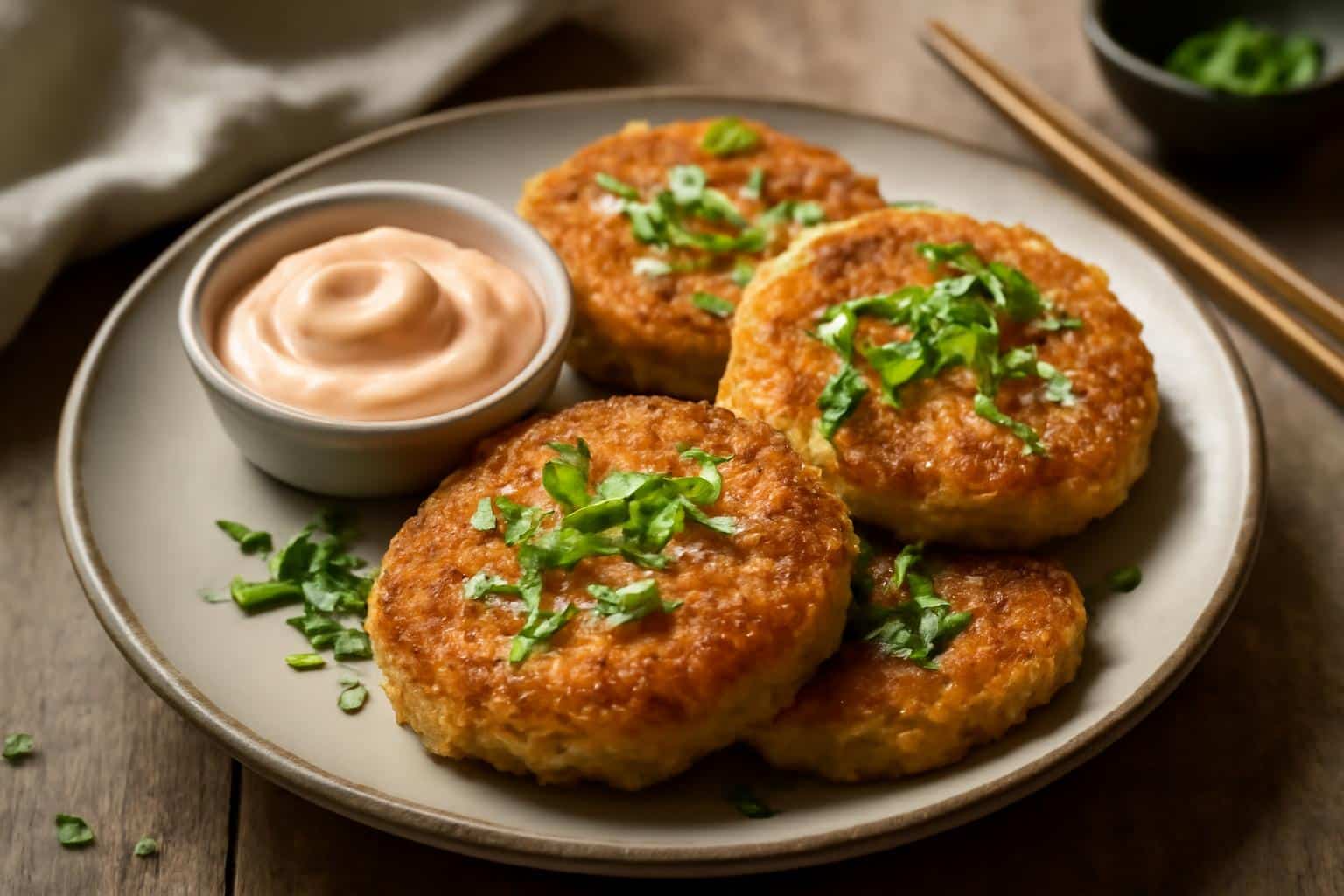 Golden Asian tuna cakes with zesty spicy mayo garnished with green onions and sesame seeds