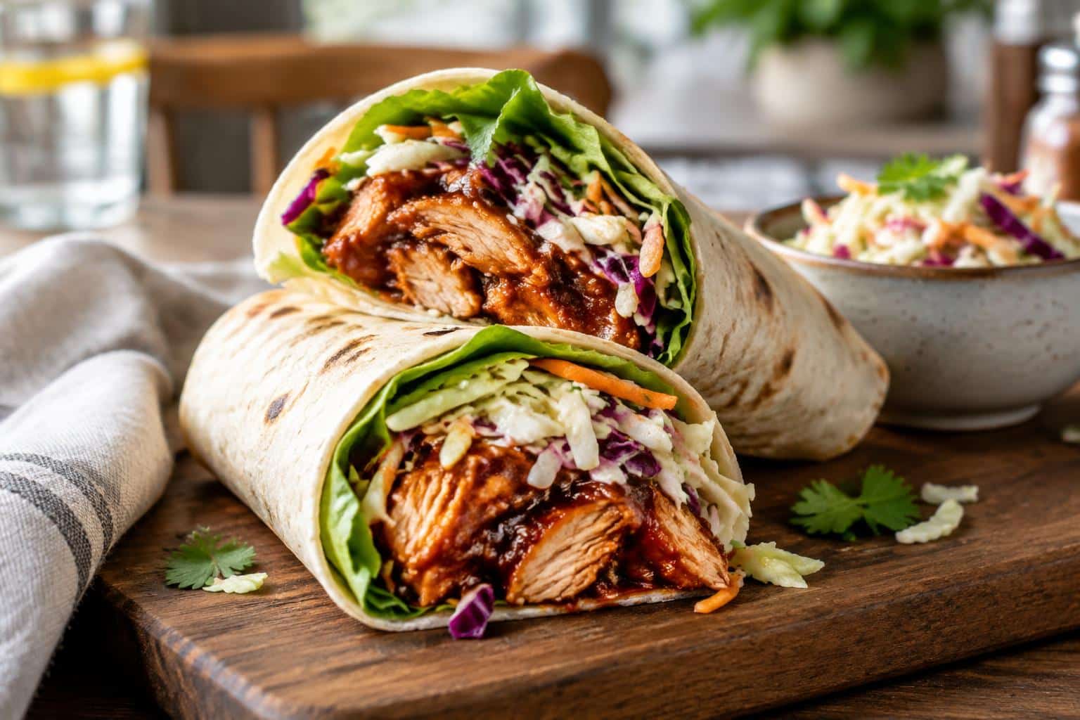 Savory BBQ chicken wraps filled with crunchy coleslaw on a rustic wooden board