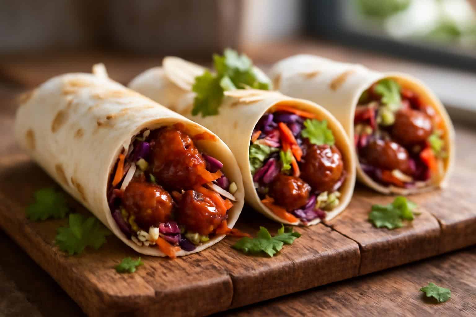 Close-up of savory BBQ chicken wraps with crunchy coleslaw, perfect bbq chicken wraps meal