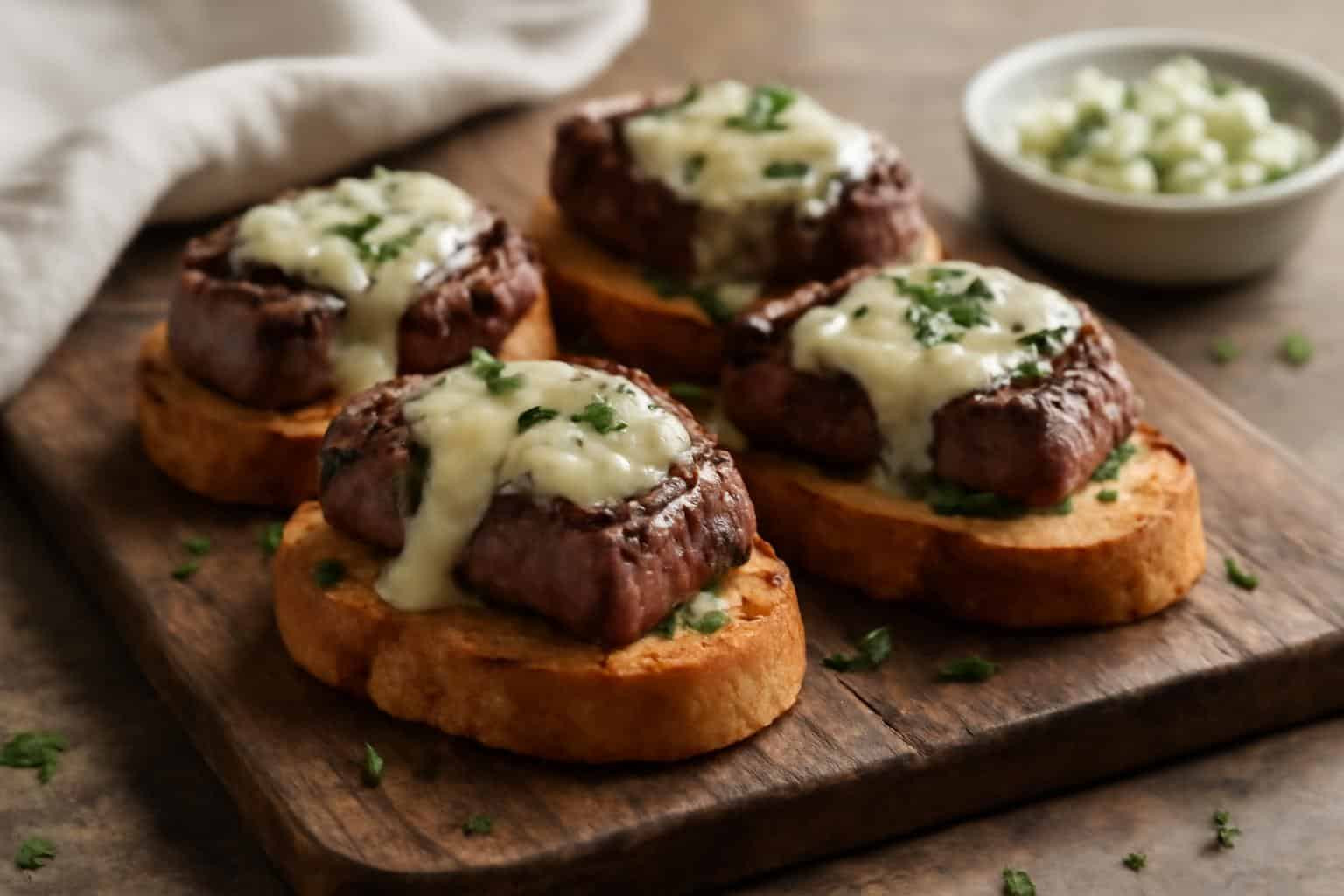Savory beef tenderloin crostini topped with creamy Gorgonzola and fresh herbs on rustic wooden board