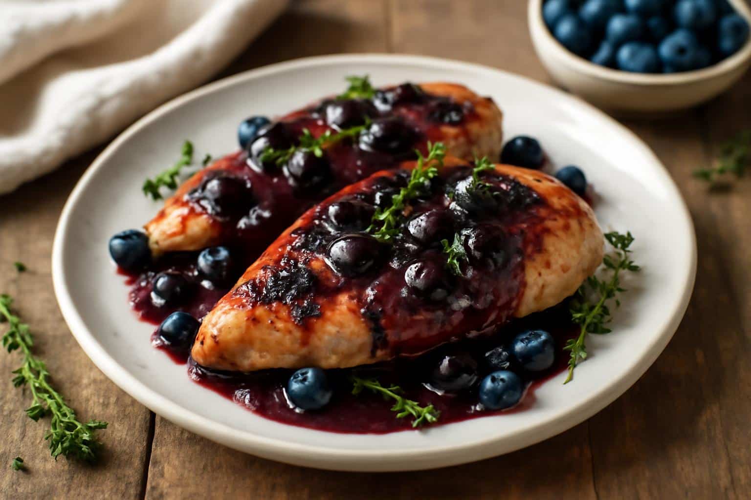 Plate of savory blueberry thyme chicken with fresh thyme garnish and blueberry sauce