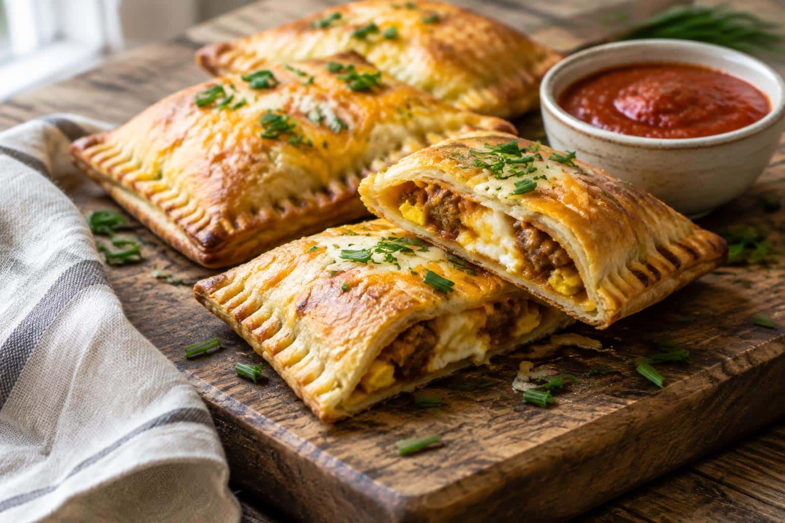 Golden savory breakfast poptarts with melted cheese and chives on a rustic board