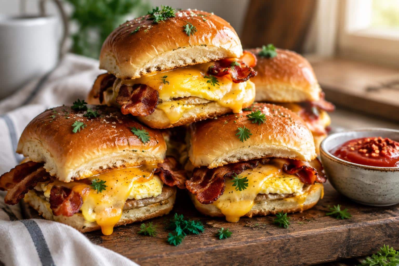 Savory breakfast sliders with bacon, egg, and cheese on a rustic board, perfect breakfast sliders