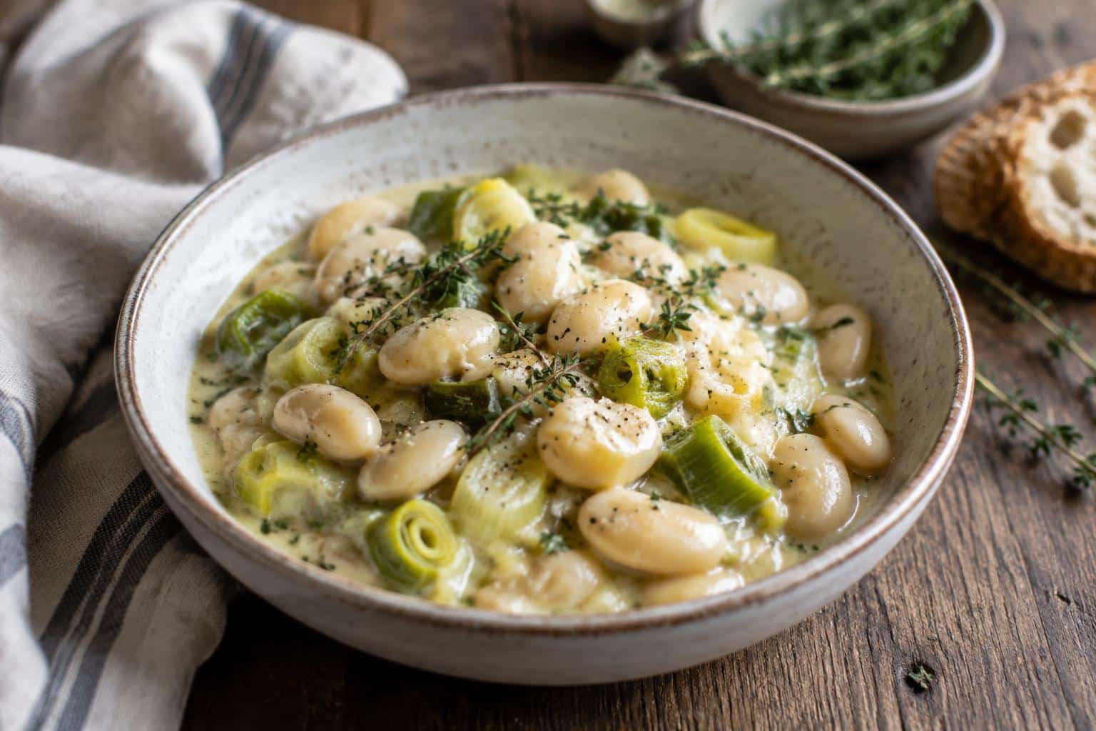 Creamy savory butter beans and leeks garnished with fresh thyme in a rustic bowl
