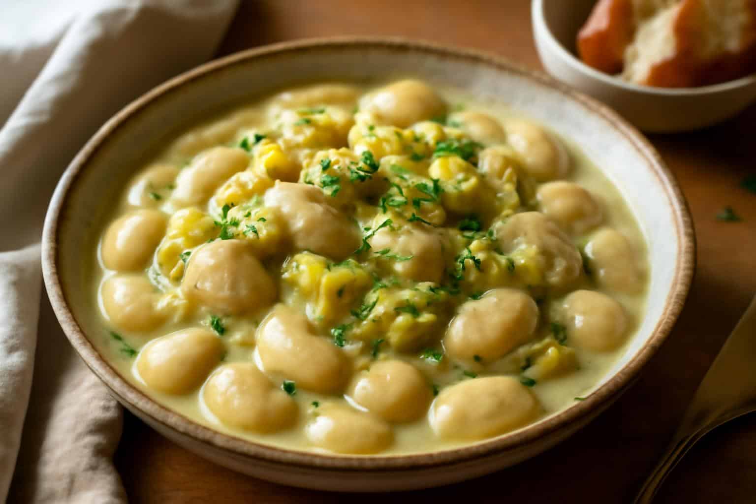 Creamy savory butter beans and leeks in a rustic bowl garnished with fresh herbs