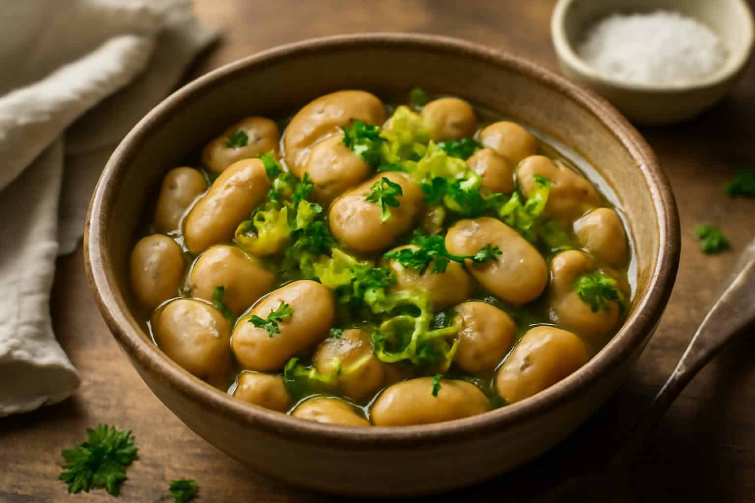 Savory butter beans and leeks in a rustic bowl garnished with fresh herbs