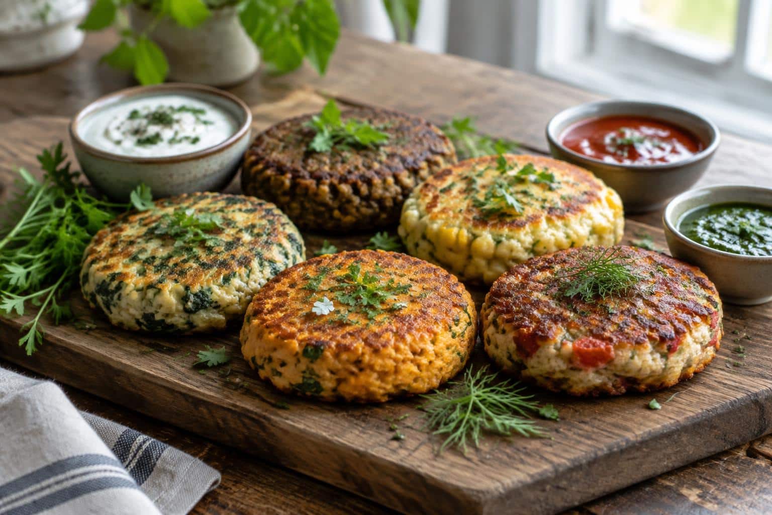 Plate of five assorted savory cakes garnished with fresh herbs and dipping sauces