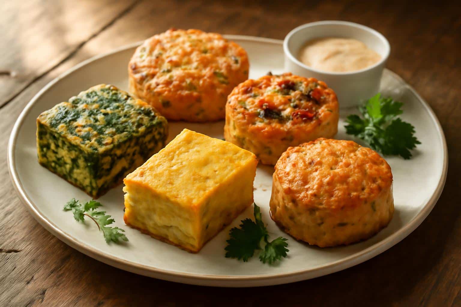 A plate of five different savory cakes garnished with fresh herbs, showcasing delicious savory cakes appetizers