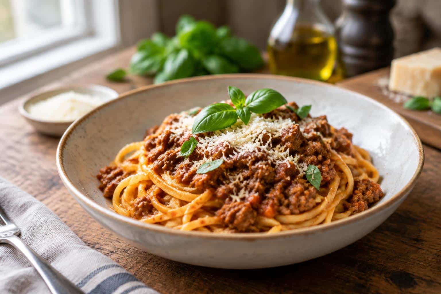 Classic Italian Bolognese pasta with rich meat sauce and Parmesan garnish